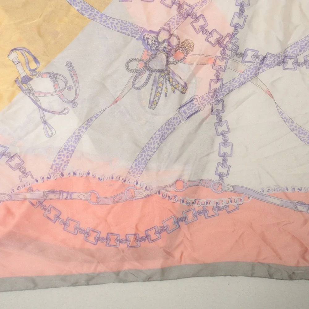 Vtg Scarf Wrap Equestrian Chain Belt Luxury Print Pink Silk Feeling Coastal